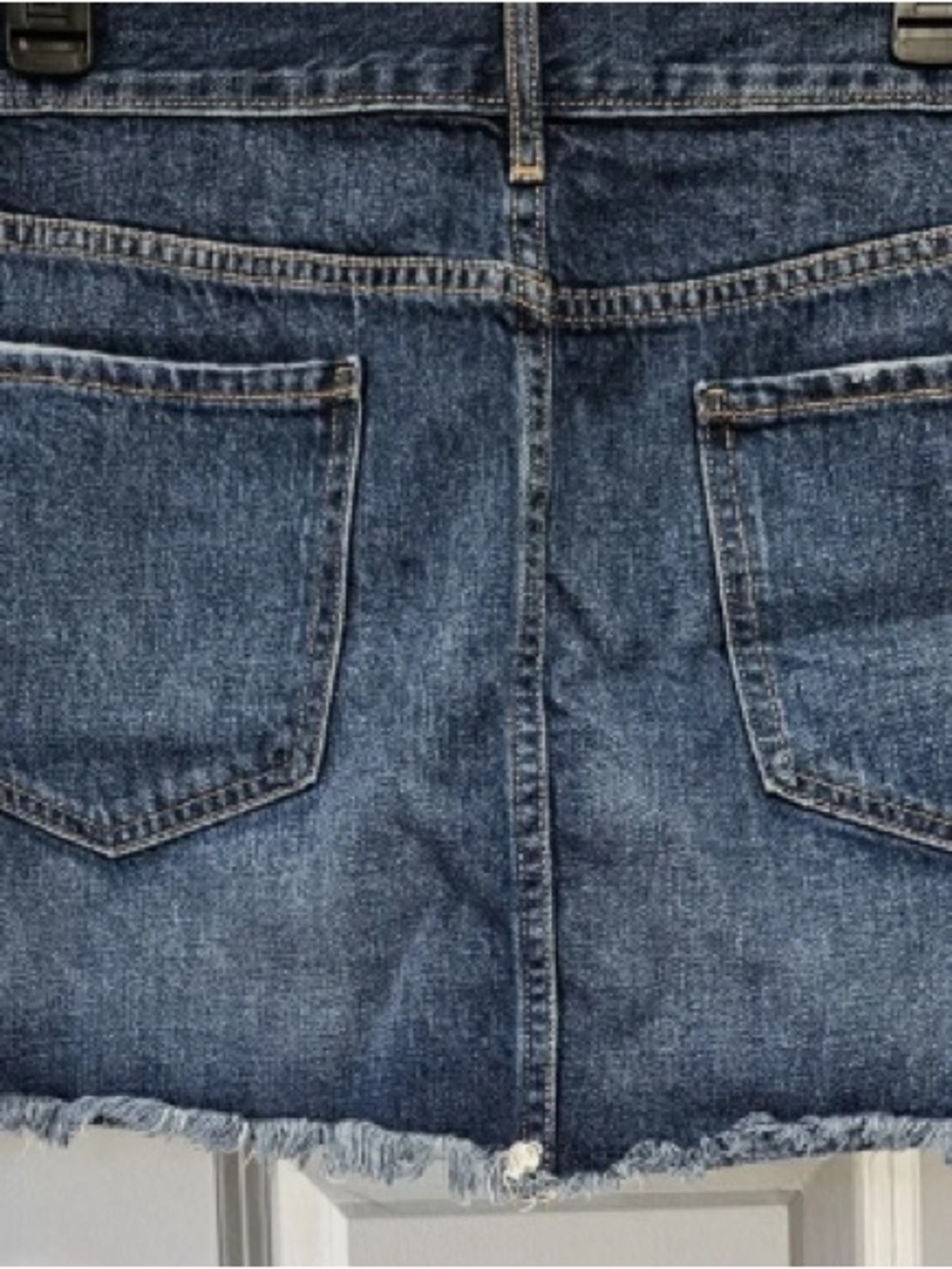 Distressed Dark Blue Denim Mini Skirt - Casual Everyday Style - Picture 2 of 3